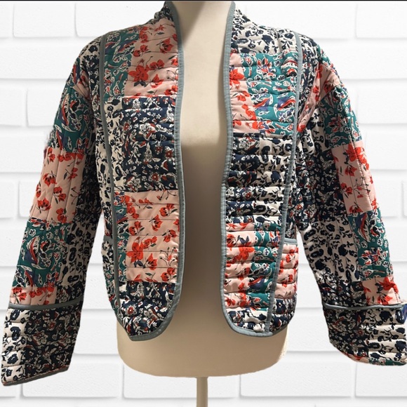Warm Trendy Quilted Jacket Open Front Multi-Color All-Over Floral Print Small - Picture 14 of 16